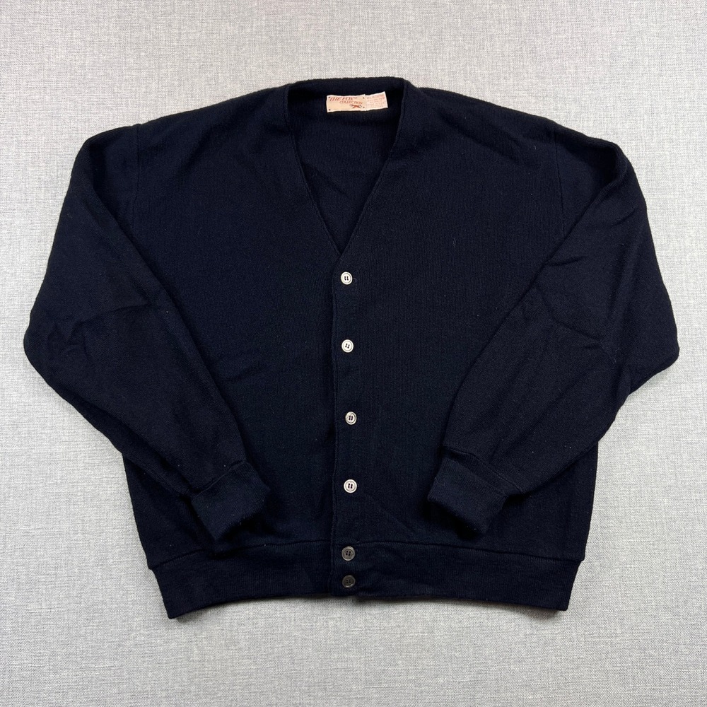 Vintage 70s The Fox Collection Cardigan Sweater Men XL Navy Orlon Acrylic Retro